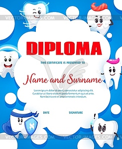 Cartoon tooth characters, dental care kids diploma - vector clipart