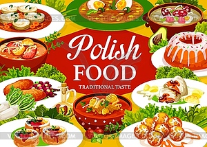 Плакат с едой польской кухни, обложка меню ресторана - векторное изображение EPS