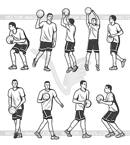 Basketball player in different poses with ball - vector image