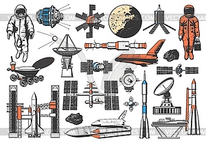 Space rocket, galaxy satellite, spaceman spaceship - vector image