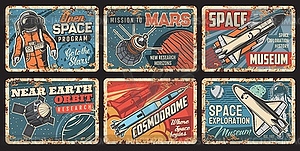 Space metal plates, rockets, spaceman and planets - stock vector clipart