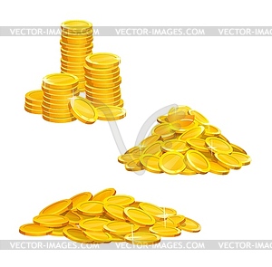 Куча и стопки мультяшных золотых монет, золотые деньги - графика в векторном формате