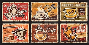 Coffee shop, cafe hot drinks rusty metal plates - vector clipart