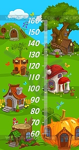 Kids height chart, gnome elf, wizard cartoon homes - vector image