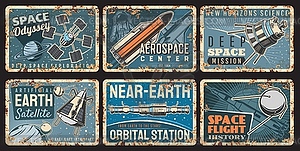 Spaceship and satellite rusty plates, space - vector image