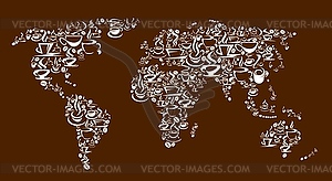 Steaming coffee cups, pots, beans world map - vector image