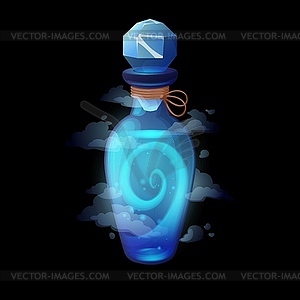 Бутылка зелья с синей волной крыла, мультяшный эликсир - векторное графическое изображение