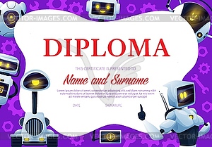 Kids diploma template with robots, droids - vector image