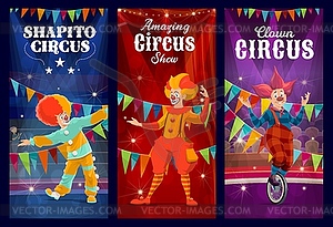 Shapito circus clowns, jesters and harlequin - vector clipart