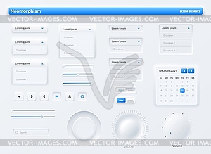 Neumorphic UI, user interface buttons, search bars - vector clipart