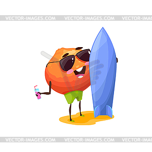 Citrus orange fruit, surfboard cartoon character - vector image