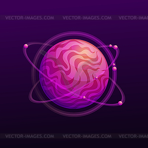 Alien fiction world, purple magma planet, orbits - vector clip art