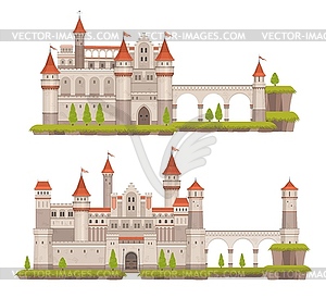 Мультяшный средневековый сказочный замок с башнями - векторный клипарт