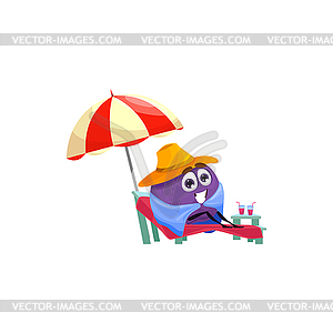 Cartoon character plum rest on beach, summer fruit - vector image