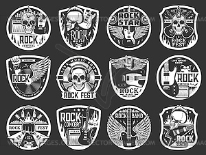 Rock music icons, guitars, drums and rocker skulls - vector clipart