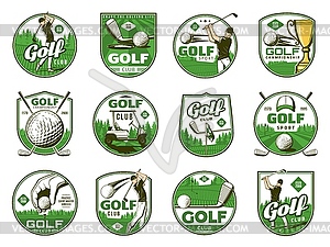 Golf sport icons of balls, clubs, tee and holes - vector image