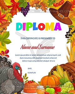 Kids diploma thanksgiving turkey, autumn harvest - vector image