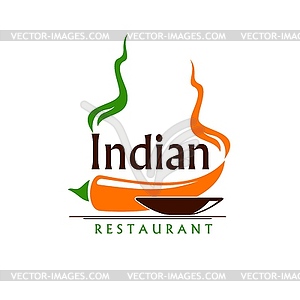 Indian restaurant icon, spice food bowl and chilli - vector clipart