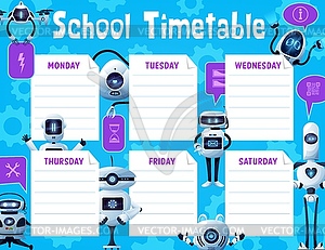 School timetable schedule with robots and drones - vector clip art