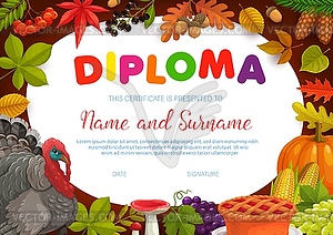 Kids diploma thanksgiving turkey, autumn harvest - vector image