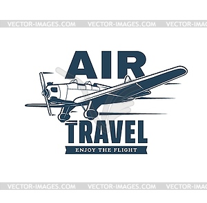 Air travel icon with retro plane or biplane - royalty-free vector image