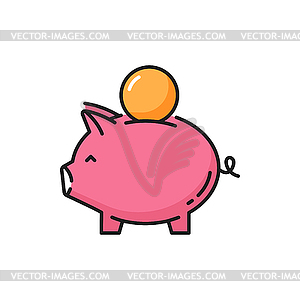 Pink pig bank with coin flat line icon - vector clip art