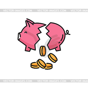Pig bank with coins broken on half icon - vector clipart