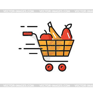 Shopping trolley push cart with grocery products - vector image