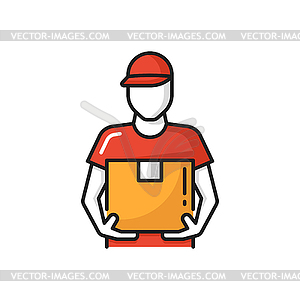 Deliveryman with parcel, courier holding box icon - vector clip art