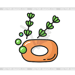 Herbal soap bar. Natural flowers, bubbles outline - vector clipart