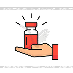 Hand holding bottle with medicine pills - vector image
