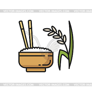 Чаша для риса, палочки для еды, тайское растение - векторная иллюстрация