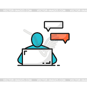 Man using laptop at working desk, chat bubbles - vector clipart