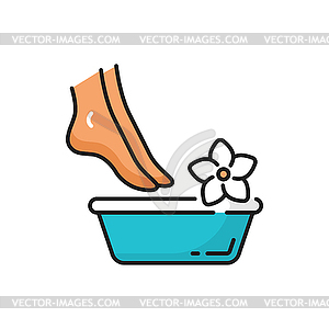 Pedicure, female feet in spa bath bowl and flower - vector clipart