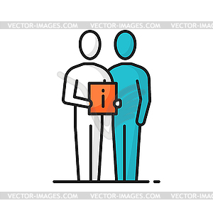 Person assistant help to client, information board - vector clipart