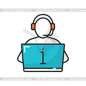 Support center operator in headset type on laptop - vector image