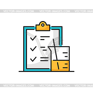 Document, exam check list in medicine, measure cup - vector clipart