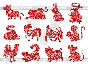 Chinese zodiac horoscope red papercut animals - vector clip art