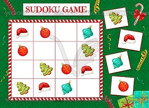 Child sudoku maze with Christmas decorations - vector clipart