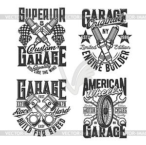 Spare plugs, pistons and wheel t-shirt prints - vector clip art