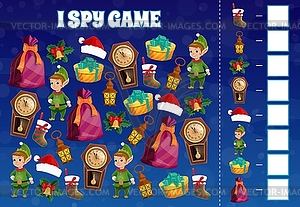 Kid I spy game with Christmas elfs and decorations - vector image