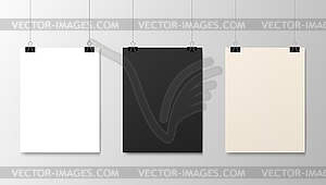 Hanging paper posters mockups, realistic sheets - vector clipart