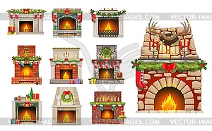 House fireplaces with Christmas decorations set - vector clipart