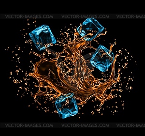 Frozen ice cubes in whiskey splashes, realistic - vector clipart