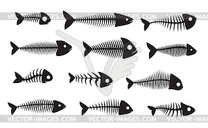 Fish bone silhouettes, black fishbone skeletons - vector image