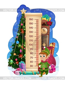Kids height chart with Christmas tree and cute elf - vector clip art