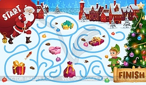 Christmas maze, labyrinth game with Santa and elf - vector image