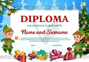 Kids diploma christmas gift certificate with elves - vector clip art