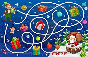 Рождественский лабиринт с Дедом Морозом и подарками. - векторный рисунок