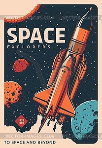 Shuttle spaceship in galaxy retro poster - vector image